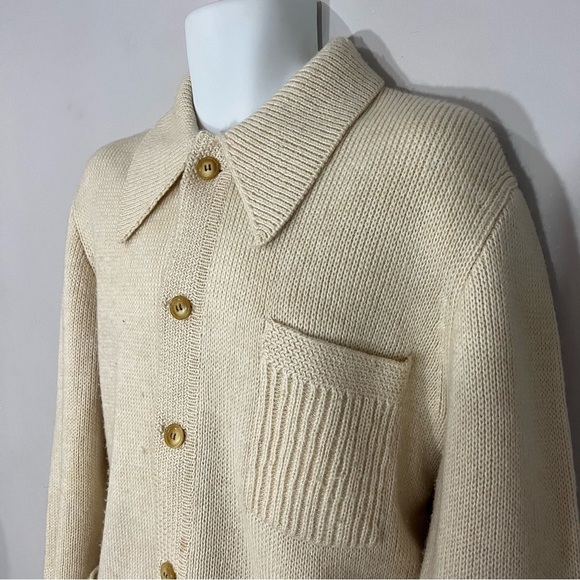 Vintage Lucano Beige Wool Mens Chunky Knit Cardigan Sweater XL Old Money Neutral - Picture 5 of 17